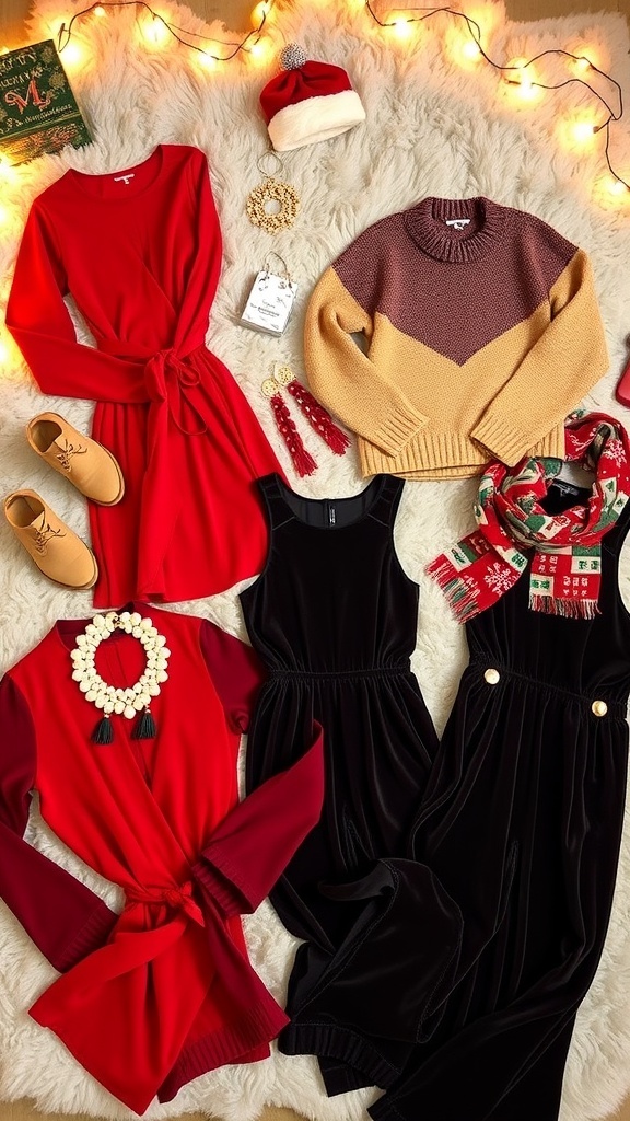 A collection of stylish Christmas outfits including a red dress, oversized sweater, and velvet jumpsuit on a festive background.